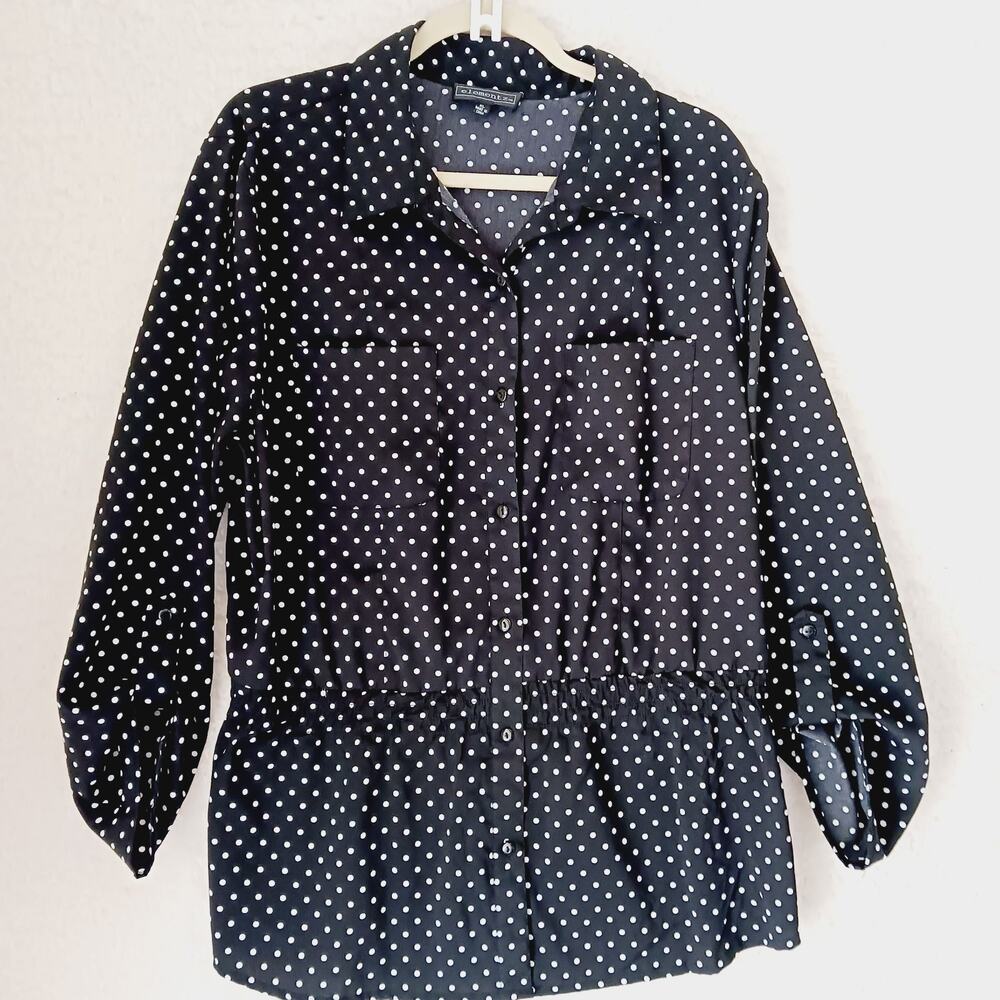 Top Button-Up Black White Polka Dot Elementz Elastic Waist Tab LS Pockets Sz XL